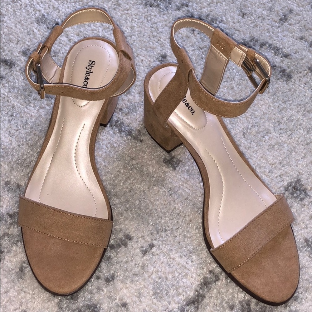 Tan color suede block heel sandals